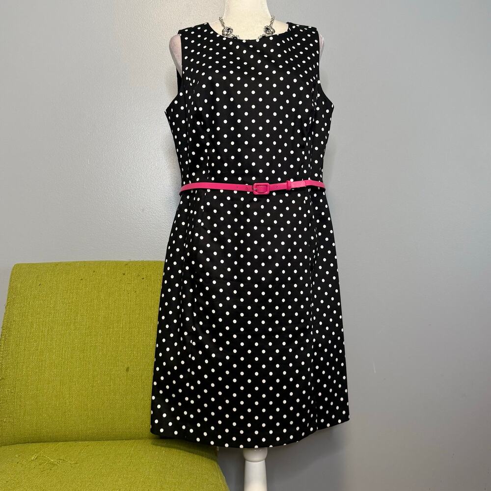 Jones Wear Black White Polka Dot Belted Sheath Dress 16 Cocktail Work